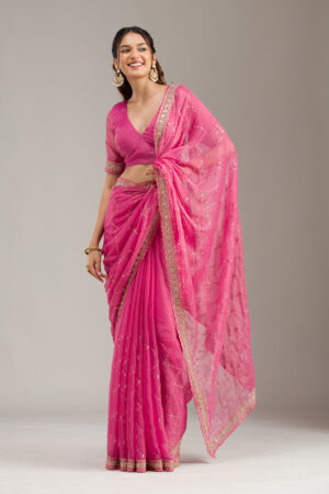 Fuchsia Pink Hand-Embroidered Georgette Saree