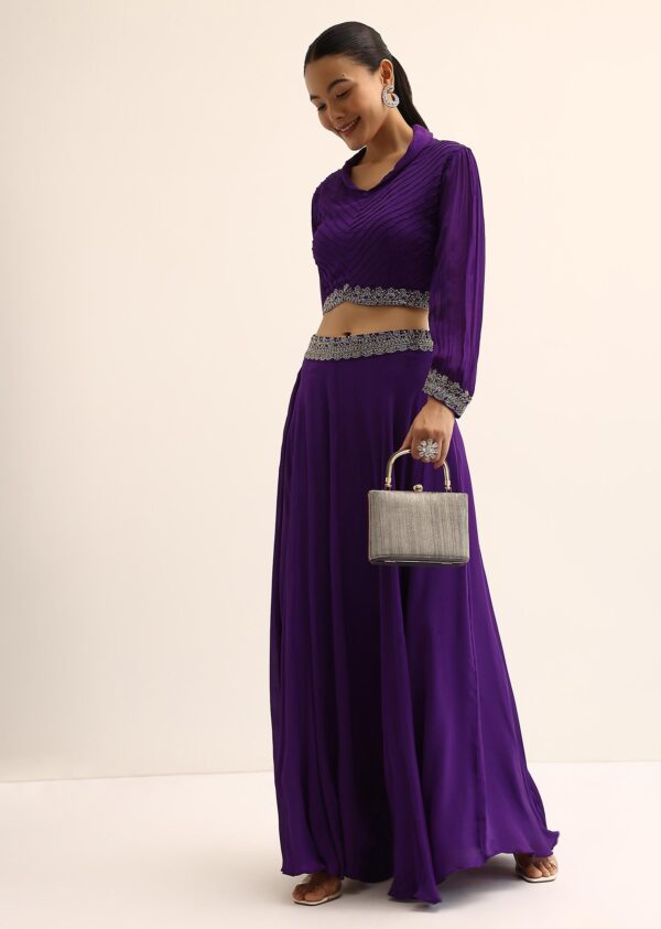 Purple Sequin Embroidered Crop Top & Skirt Set - Image 2