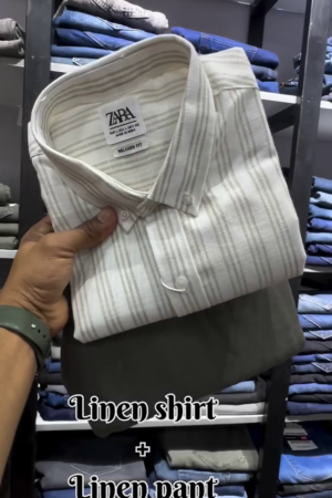 🧥 ZARA Men’s Striped Relaxed Fit Premium Linen Shirt with Olive Green Pure Linen Trousers – Ultimate Summer Comfort Combo