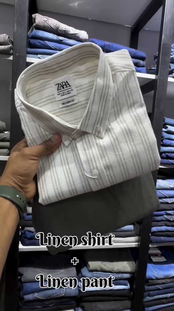 🧥 ZARA Men’s Striped Relaxed Fit Premium Linen Shirt with Olive Green Pure Linen Trousers – Ultimate Summer Comfort Combo