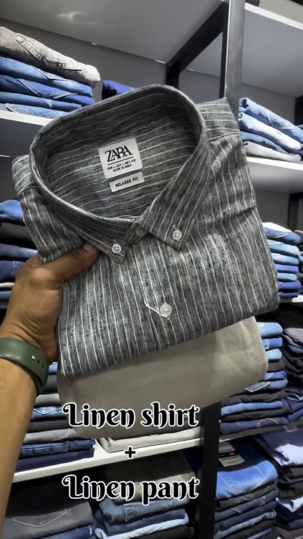🧥 ZARA Men’s Striped Relaxed Fit Premium Linen Shirt with Olive Green Pure Linen Trousers – Ultimate Summer Comfort Combo - Image 2