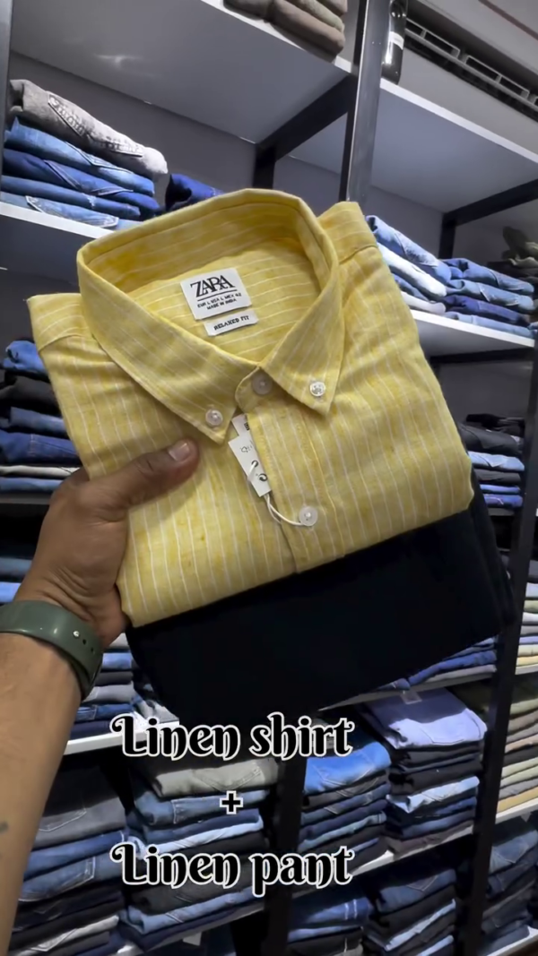 🧥 ZARA Men’s Striped Relaxed Fit Premium Linen Shirt with Olive Green Pure Linen Trousers – Ultimate Summer Comfort Combo - Image 3