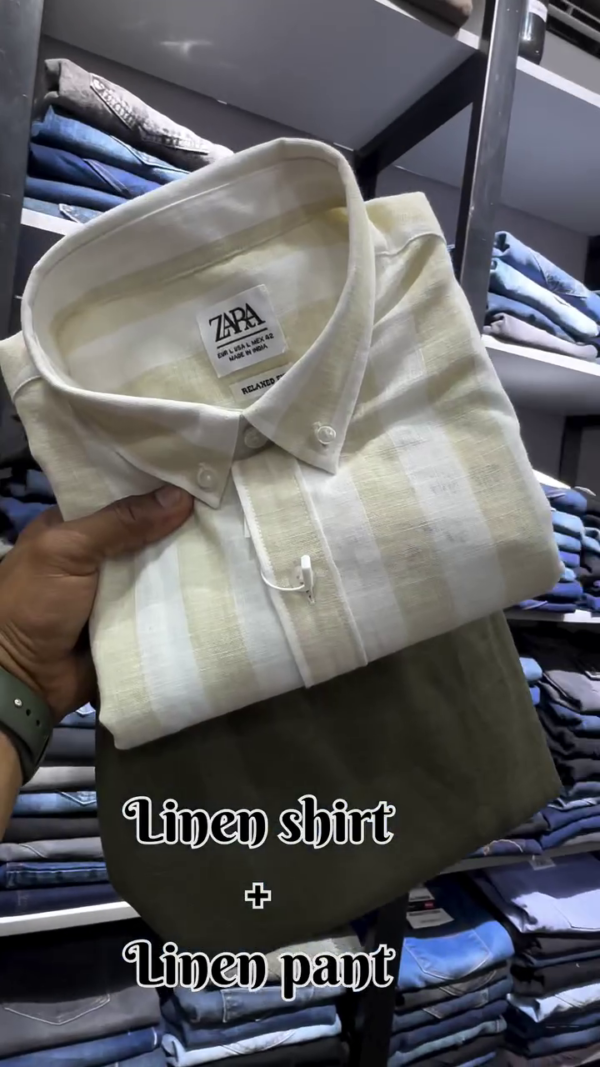 🧥 ZARA Men’s Striped Relaxed Fit Premium Linen Shirt with Olive Green Pure Linen Trousers – Ultimate Summer Comfort Combo - Image 4