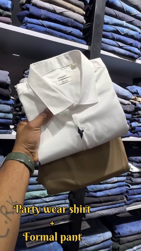 💙 Jack & Jones Men’s Sky Blue Satin-Finish Party Shirt with Beige Formal Slim-Fit Trousers – Premium Eveningwear Set - Image 2