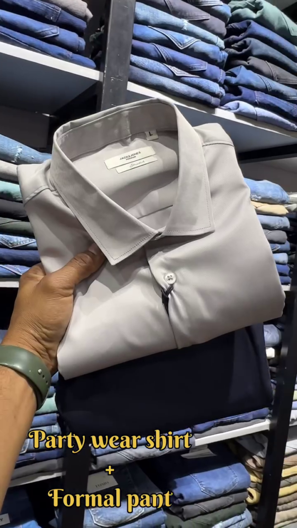 💙 Jack & Jones Men’s Sky Blue Satin-Finish Party Shirt with Beige Formal Slim-Fit Trousers – Premium Eveningwear Set - Image 5