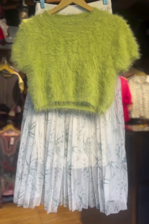🍏🌿 Chic Pastel Lime Fluffy Knit Crop Top with Sheer White Botanical Pleated Midi Skirt – Whimsical Nature-Inspired Co-Ord Set for Casual Elegance & Brunch Days 🌿🍏