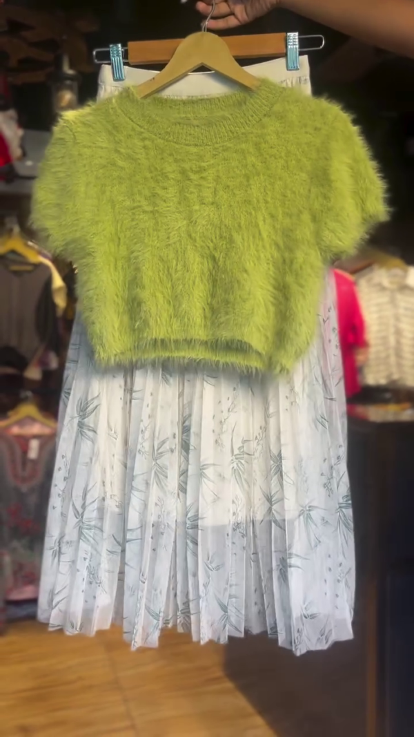 🍏🌿 Chic Pastel Lime Fluffy Knit Crop Top with Sheer White Botanical Pleated Midi Skirt – Whimsical Nature-Inspired Co-Ord Set for Casual Elegance & Brunch Days 🌿🍏