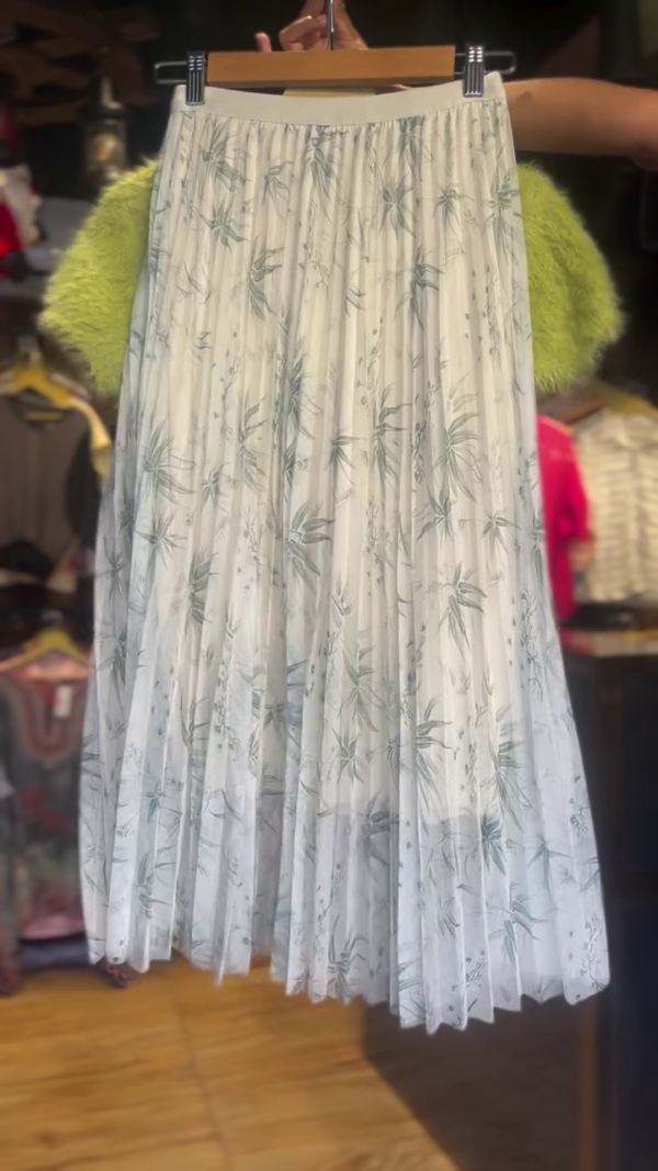 🍏🌿 Chic Pastel Lime Fluffy Knit Crop Top with Sheer White Botanical Pleated Midi Skirt – Whimsical Nature-Inspired Co-Ord Set for Casual Elegance & Brunch Days 🌿🍏 - Image 3