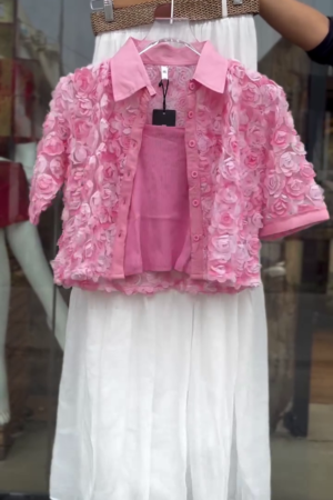 🌸💗 Elegant Rosette Textured Pink Collared Button-Up Blouse with Inner Ribbed Cami and Flowing White Chiffon Maxi Skirt –Inspired Outfit for Brunches, Baby Showers & Spring Soirées 💗🌸