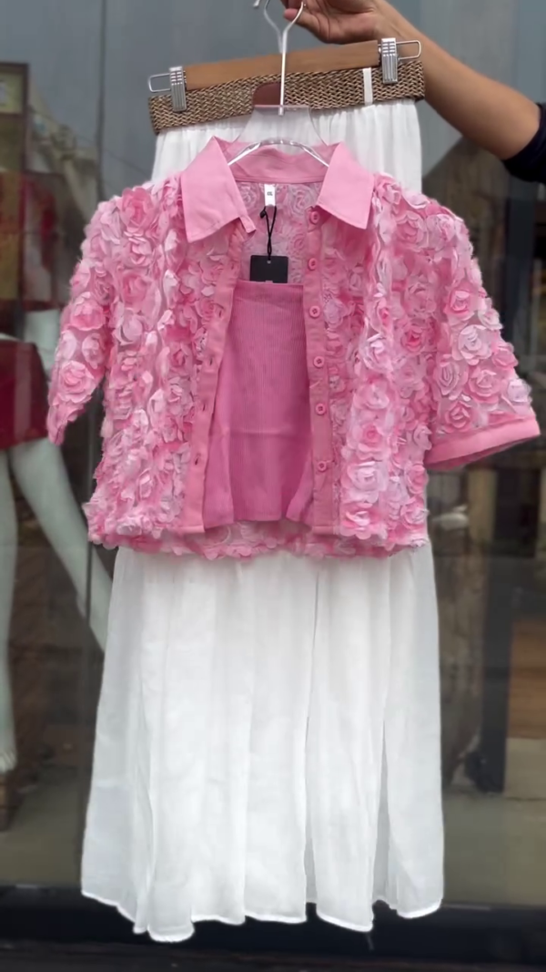 🌸💗 Elegant Rosette Textured Pink Collared Button-Up Blouse with Inner Ribbed Cami and Flowing White Chiffon Maxi Skirt –Inspired Outfit for Brunches, Baby Showers & Spring Soirées 💗🌸