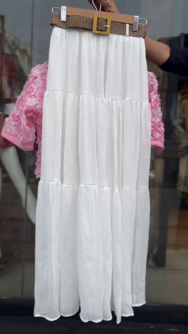 🌸💗 Elegant Rosette Textured Pink Collared Button-Up Blouse with Inner Ribbed Cami and Flowing White Chiffon Maxi Skirt –Inspired Outfit for Brunches, Baby Showers & Spring Soirées 💗🌸 - Image 2