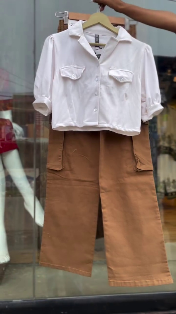 🤍👖 Utility-Chic Crisp White Button-Up Cropped Shirt with Puff Sleeves & Front Pockets Paired with High-Waisted Camel Cargo Culottes – Smart-Casual Streetwear Co-Ord for Work & Weekend Vibes 👖🤍 - Image 3