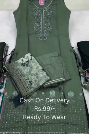 Teal Green Sleeveless Embroidered Kurti Set with Printed Dupatta