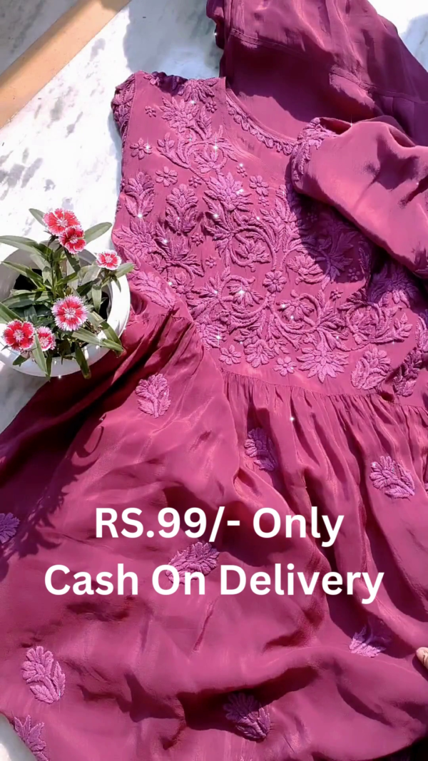 Wine Embroidered Organza Anarkali Gown Dress – Graceful & Affordable - Image 2