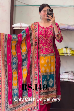 Vibrant Multicolor Printed Cotton Suit Set with Dupatta – Festival Ready Look